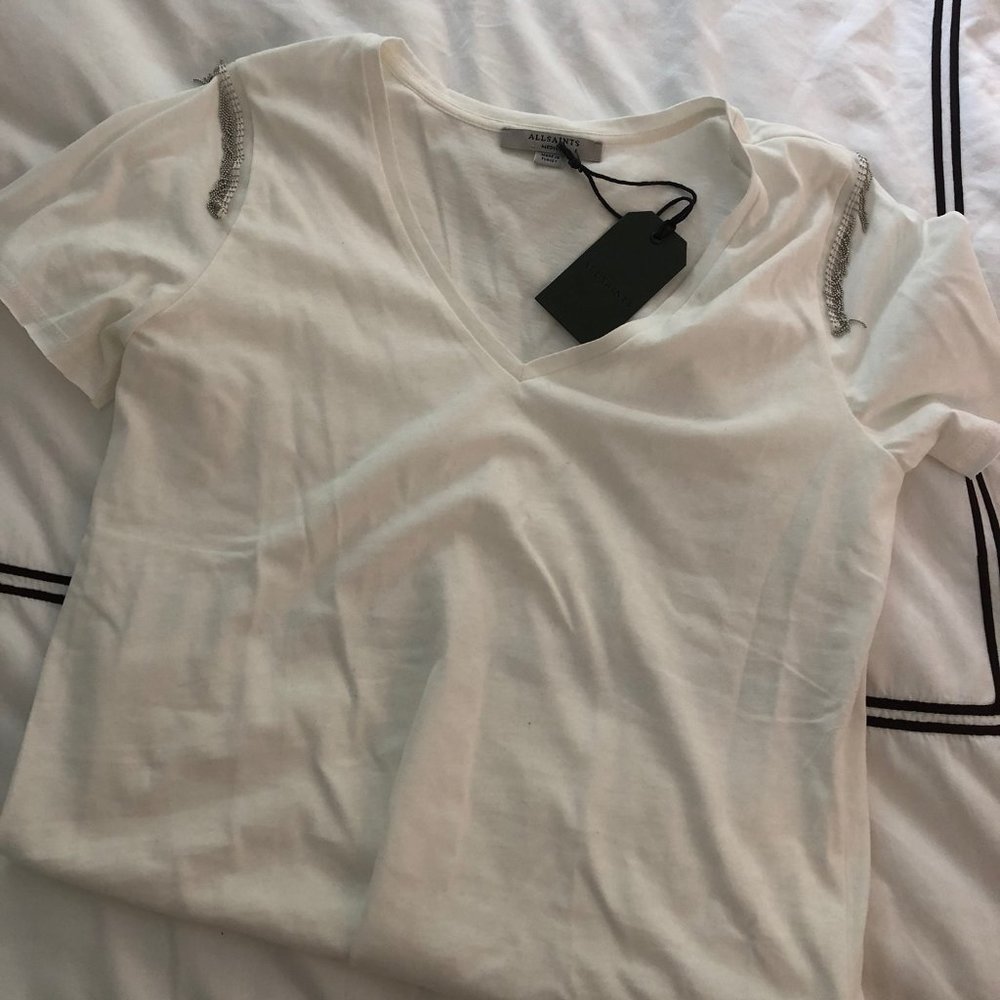 All Saints White T-shirt with Silver Fringe Detail